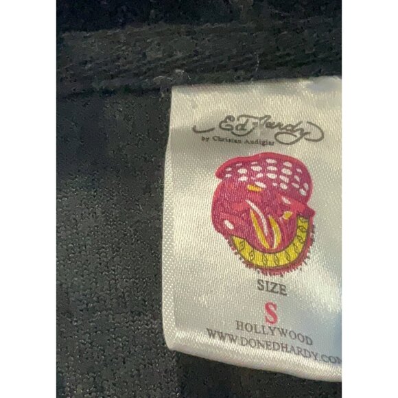 Vtg Y2K Ed Hardy Black Velour Zip Up Skull Tattoo Hoodie McBling Jacket Womens S - Picture 9 of 11